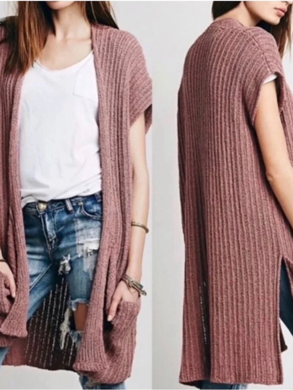 Free People Mauve Sloppy Pocket Open-Front Long Cardigan, Size S